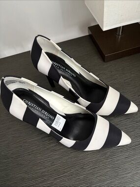 Christian Siriano Black and White Striped Pointed Pumps